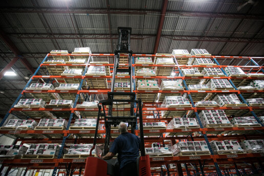 Legal cannabis products stacked sky-high at the OCS’s 220,000-square-foot Distribution Centre.